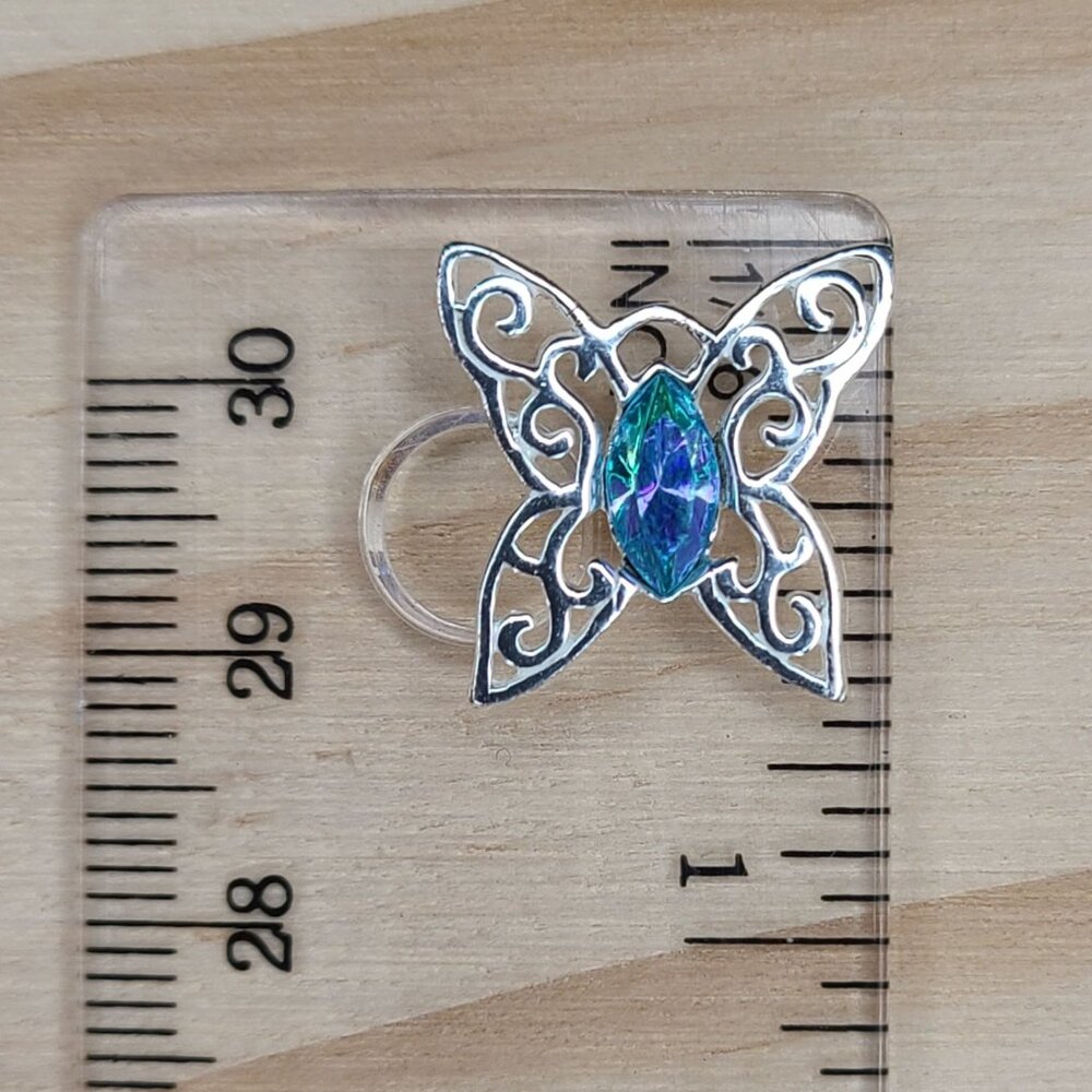 Vtg Sterling Silver Butterfly Marquise-Cut Aurora Borealis Crystal Pendant 0.5" - Picture 6 of 7